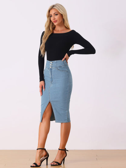 Falda de Jean Sin Esfuerzo para Mujeres con Cintura Alta y Abertura Frontal Estilo Midi Lápiz