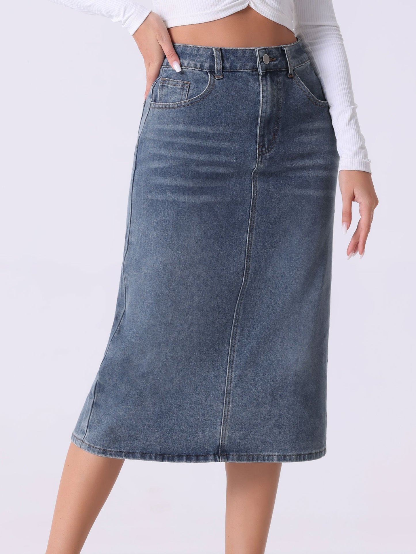 Falda de Mezclilla Sin Esfuerzo para Mujeres con Cintura Alta, Midi, Recta, Estilo Casual