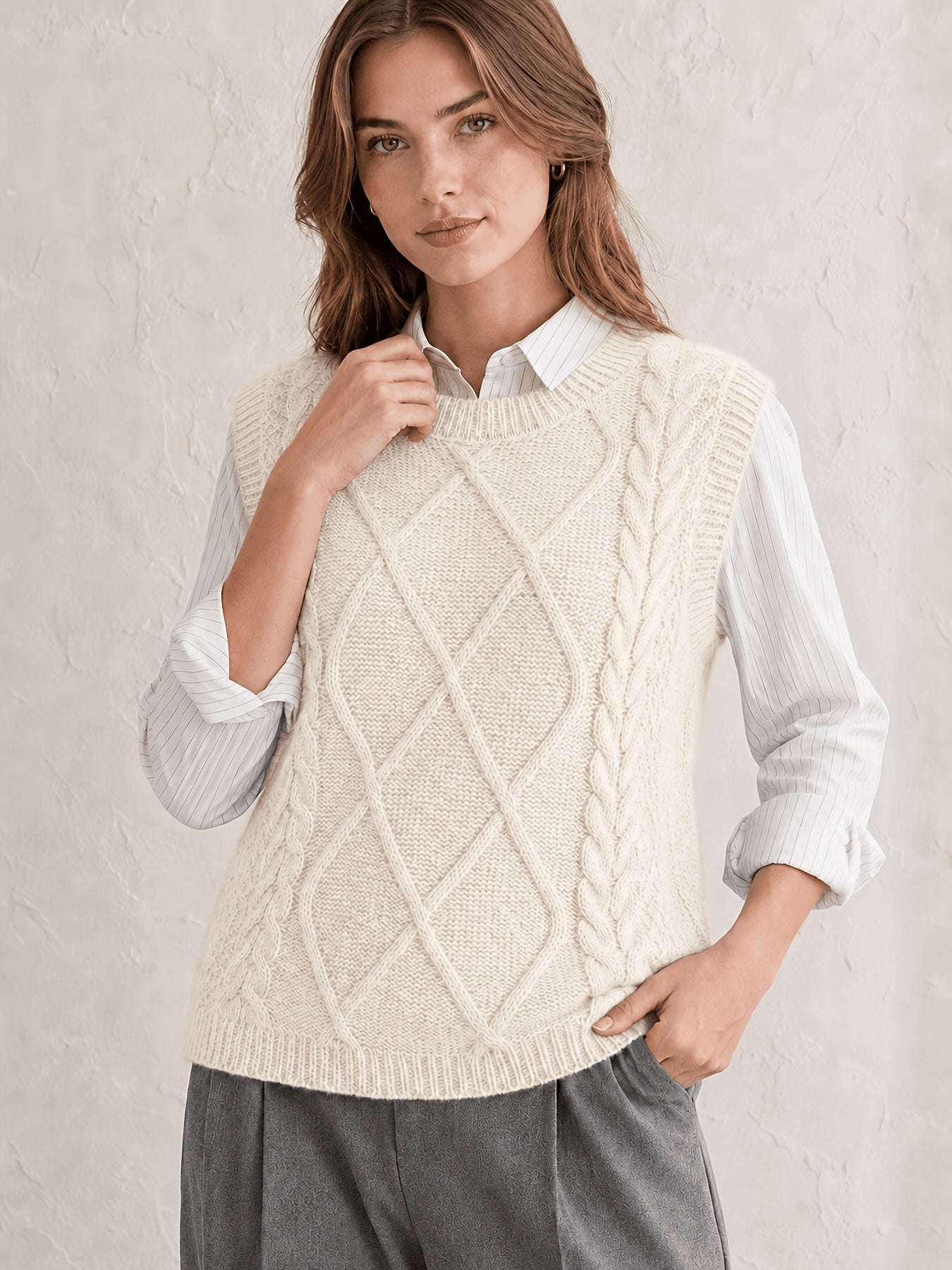 Chaleco de Punto de Cable Cómodo para Mujeres con Cuello Redondo Sin Mangas Estilo Preppy Relajado