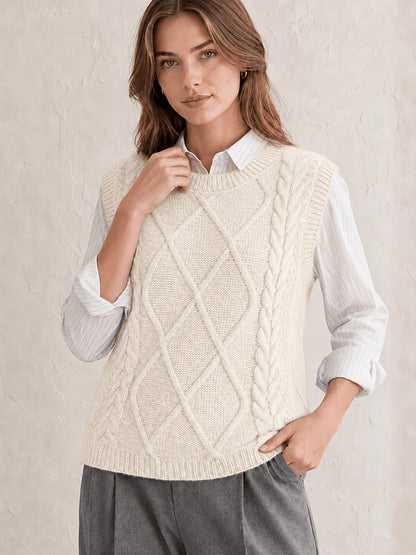 Chaleco de Punto de Cable Cómodo para Mujeres con Cuello Redondo Sin Mangas Estilo Preppy Relajado