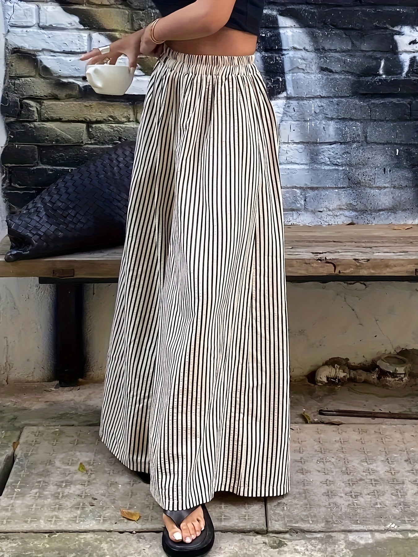 Pantalones Anchos de Rayas Melocotón para Mujeres con Cintura Alta y Cinturilla Elástica, Estilo Fluido y Relajado