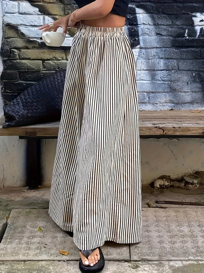 Pantalones Anchos de Rayas Melocotón para Mujeres con Cintura Alta y Cinturilla Elástica, Estilo Fluido y Relajado