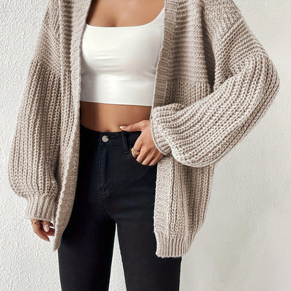 Cárdigan de Punto Grueso Cómodo para Mujeres con Frente Abierto y Mangas Globo, Estilo Oversized y Relajado
