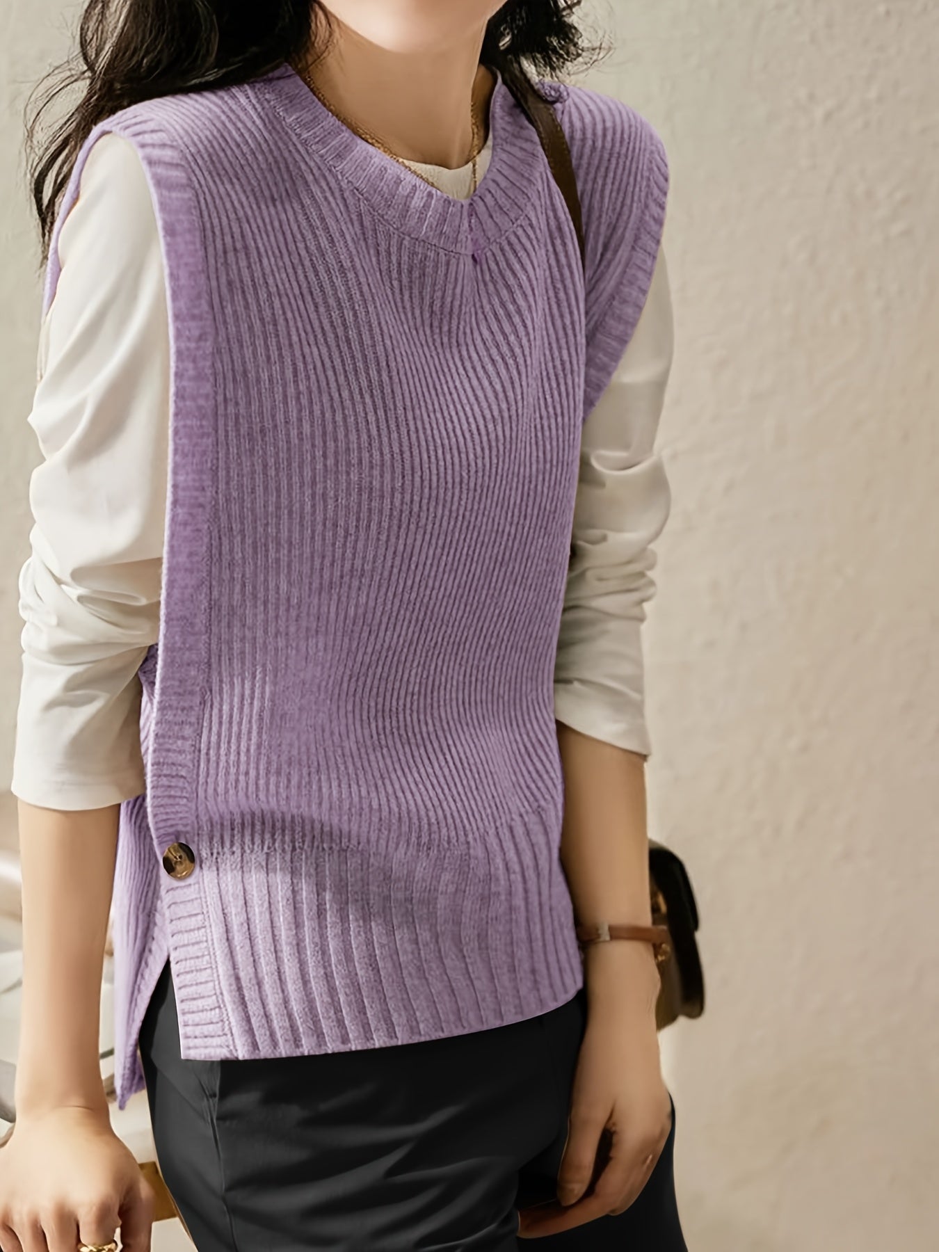 Chaleco de Suéter Acanalado Cómodo para Mujeres con Cuello Redondo Sin Mangas Estilo Oversized
