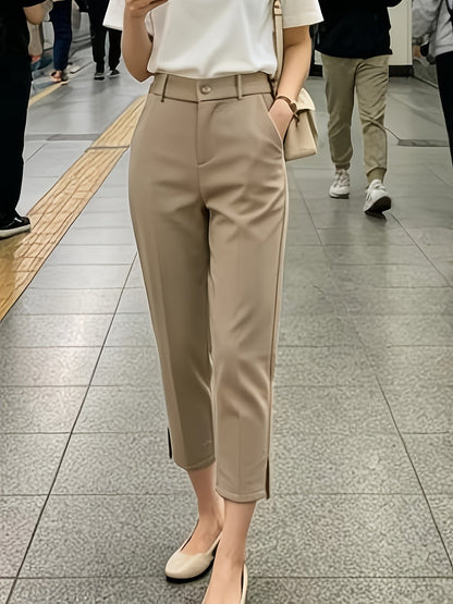 Pantalones Elegantes a Medida para Mujeres con Cintura Alta, Botón Frontal y Abertura Lateral en el Tobillo
