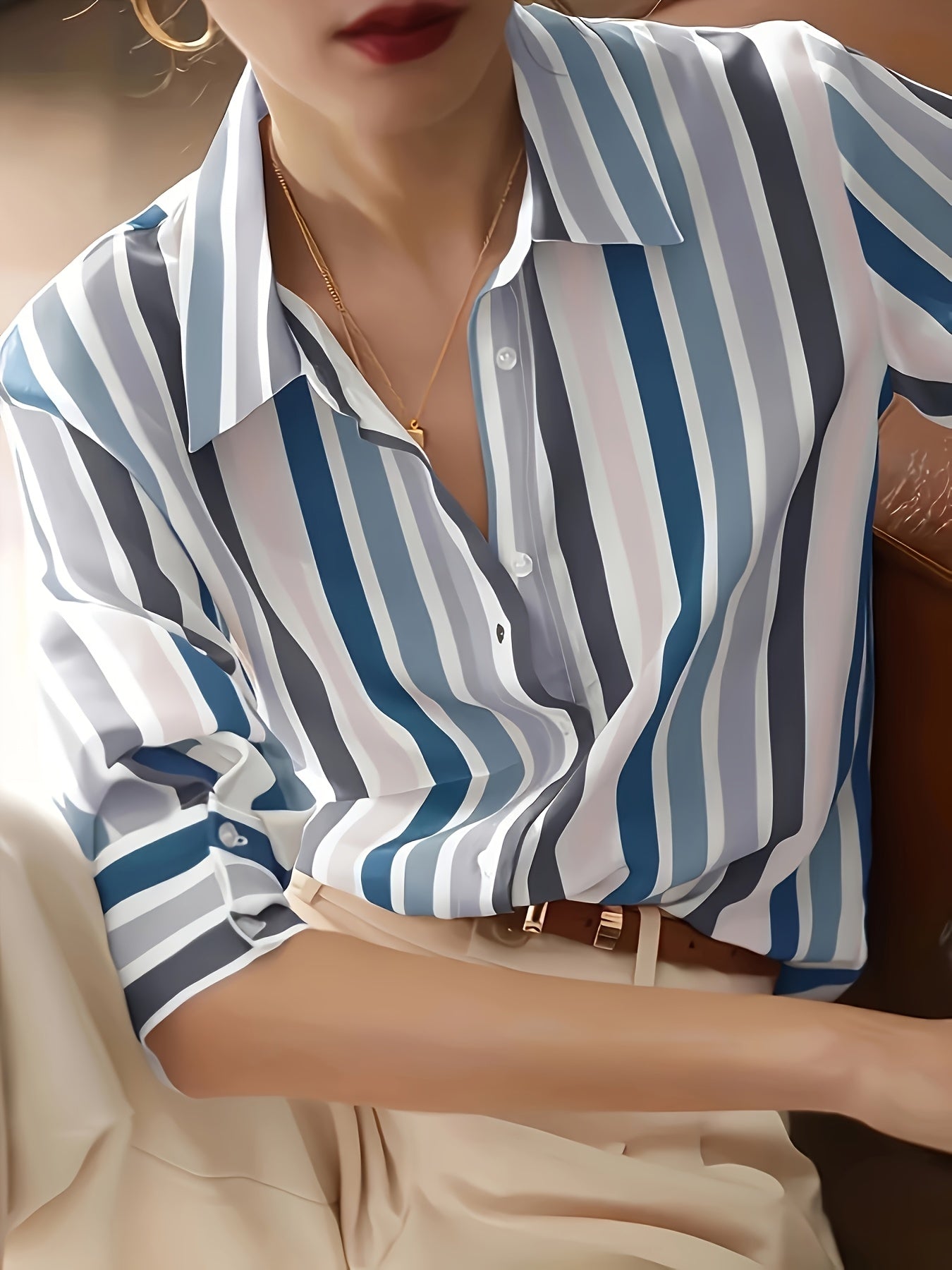 Blusa de Chifón Rayada Sin Esfuerzo para Mujeres con Cuello, Manga Larga, Botones Frontales y Estilo Sedoso Relajado