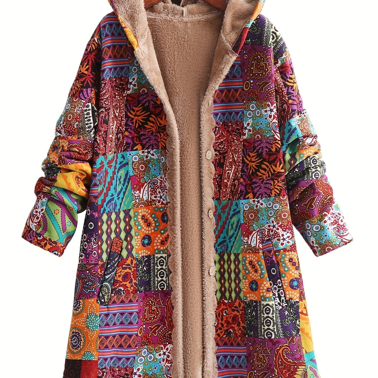 Abrigo de forro polar con estampado de patchwork sin esfuerzo para mujeres, con capucha, manga larga, frente abotonado y estilo bohemio oversized