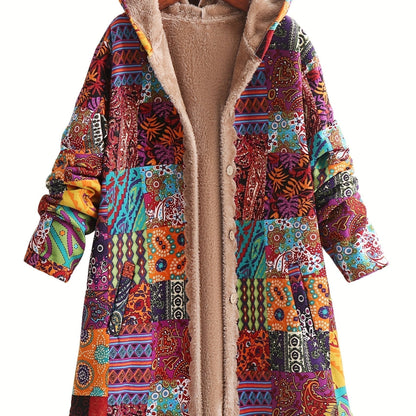 Abrigo de forro polar con estampado de patchwork sin esfuerzo para mujeres, con capucha, manga larga, frente abotonado y estilo bohemio oversized