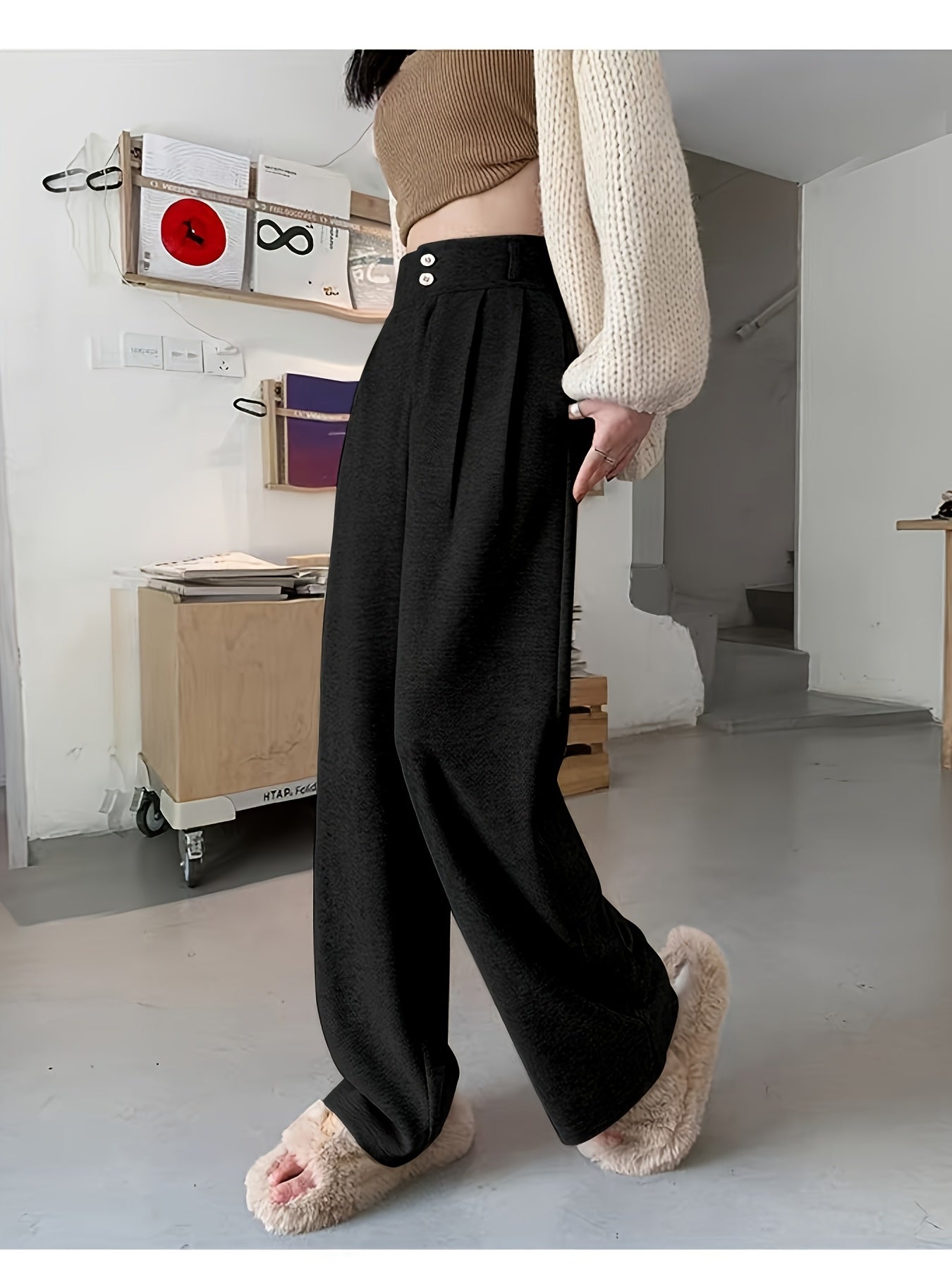 Pantalones Elegantes de Pierna Ancha en Pata de Gallo para Mujeres con Cintura Alta y Cierre de Botón Frontal con Pliegues