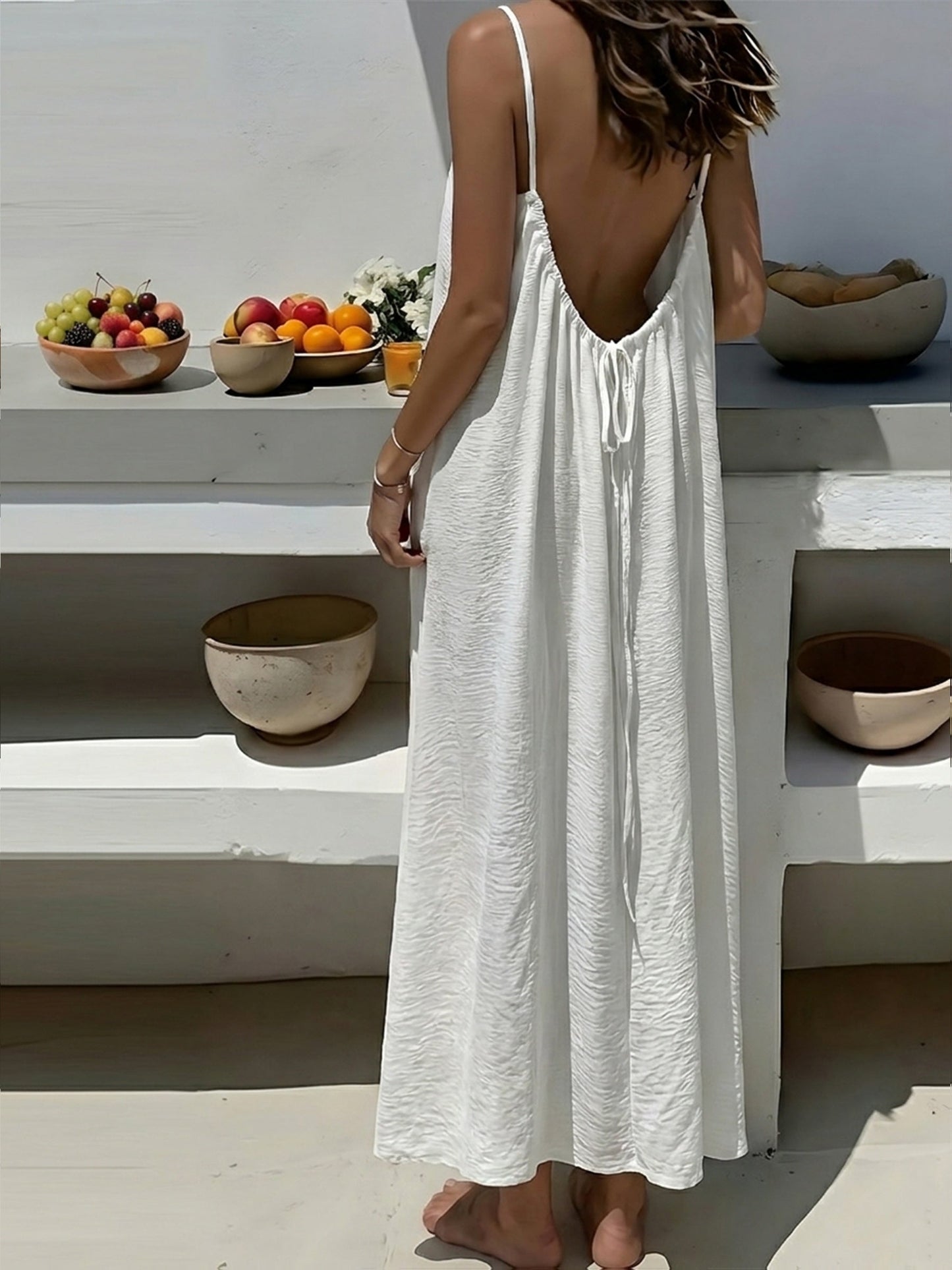 Vestido Maxi Texturizado Sin Espalda para Mujeres con Tirantes de Espagueti y Cuerda, Estilo Bohemio Fluyente