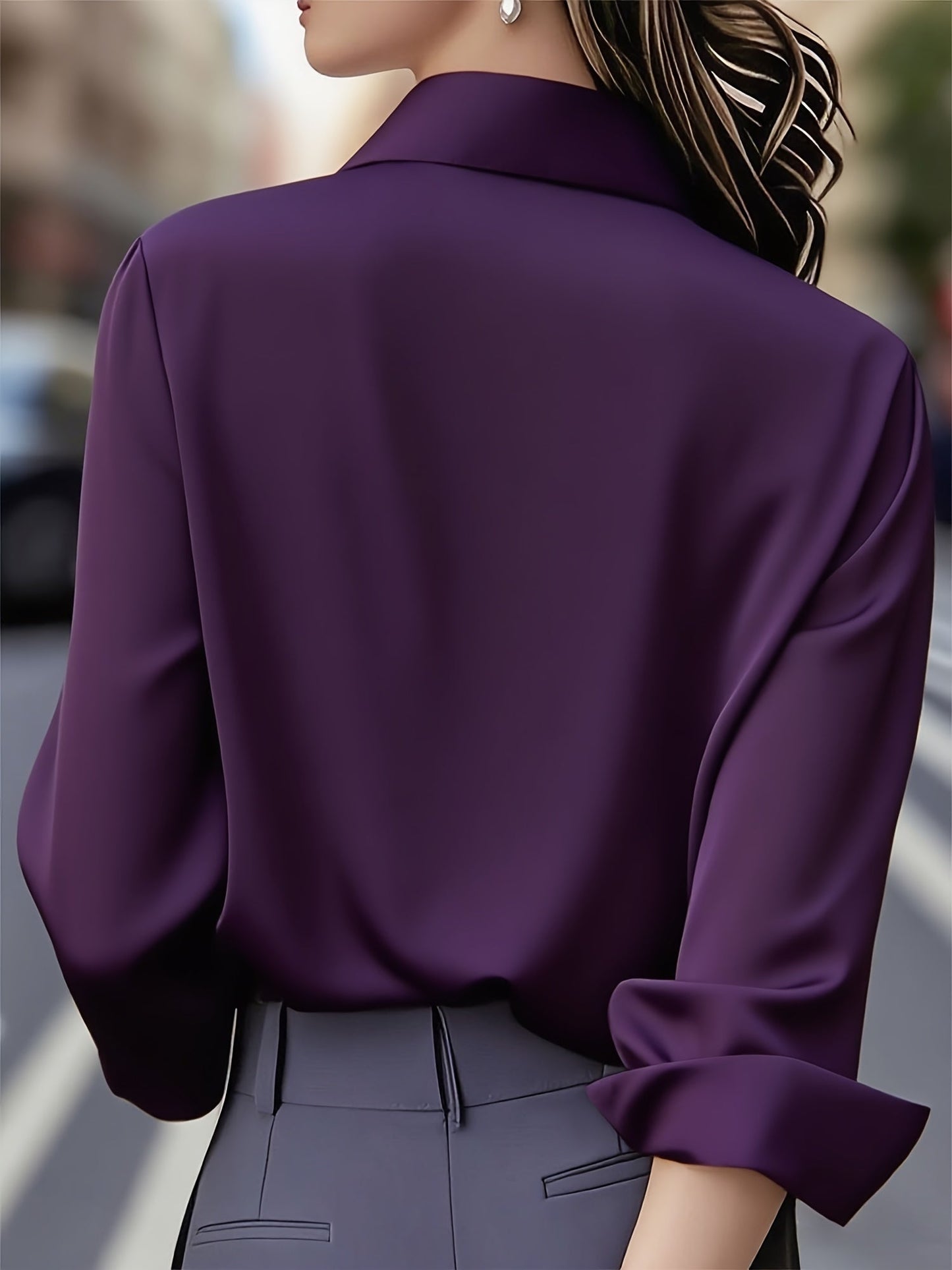 Blusa de Satén Elegante para Mujeres con Cuello, Manga Larga, Botón Frontal y Estilo Relajado