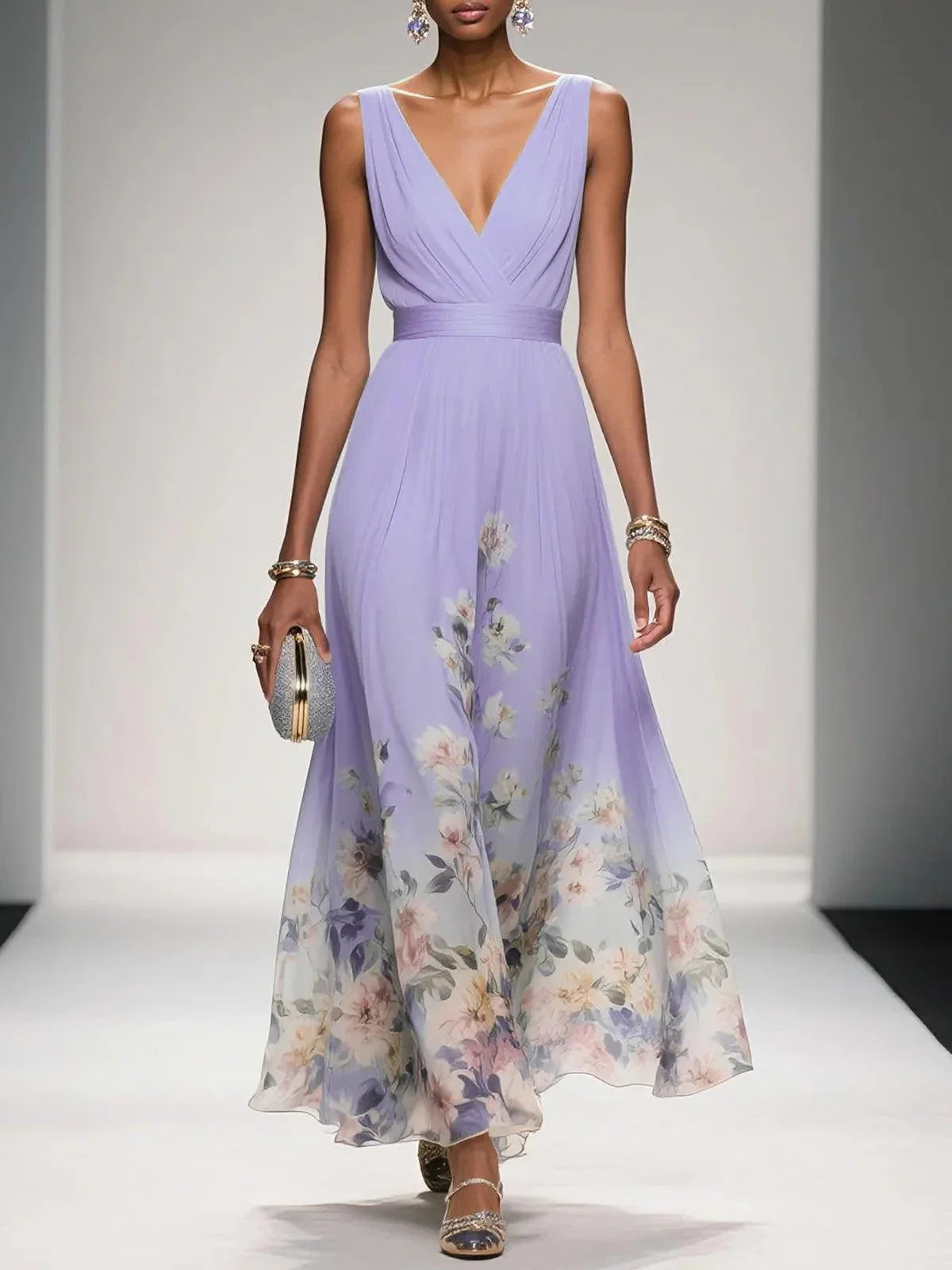 Elegante Vestido Maxi Floral para Mujeres con Escote en V Sin Mangas y Cintura Envolvente, Estilo para Invitadas de Boda
