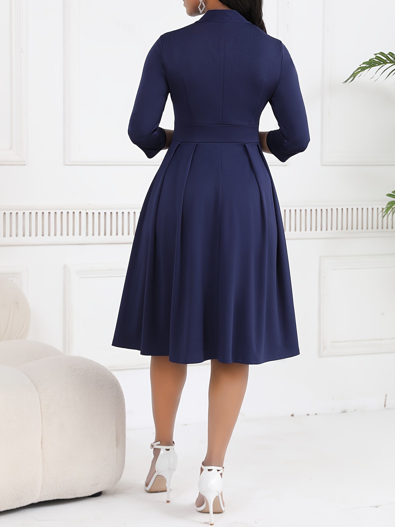 Vestido Midi Elegante con Lazo para Mujeres con Cuello Alto, Manga de Codo y Estilo Plisado