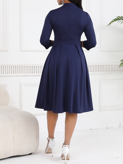 Vestido Midi Elegante con Lazo para Mujeres con Cuello Alto, Manga de Codo y Estilo Plisado