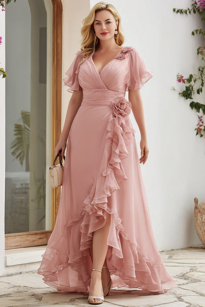 Vestido Maxi de Chifón Rosa Empolvado Elegante para Mujeres con Escote en V, Mangas de Volantes y Cascada para Invitadas de Boda