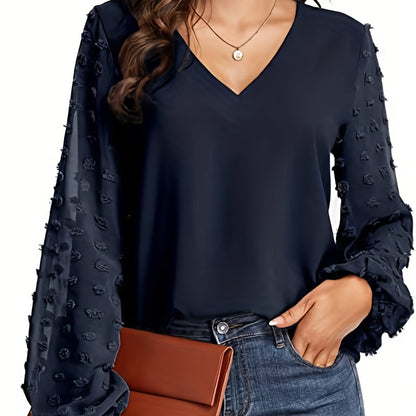 Blusa de Puntos Suizos sin Esfuerzo para Mujeres con Cuello en V y Manga Obispo de Chifón Texturizado Estilo Casual