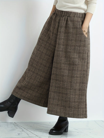 Pantalones Culotte de Cuadros Amplios para Mujer con Cintura Alta Elástica, Estilo Casual Relajado