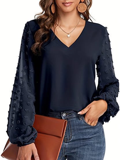 Blusa de Puntos Suizos sin Esfuerzo para Mujeres con Cuello en V y Manga Obispo de Chifón Texturizado Estilo Casual