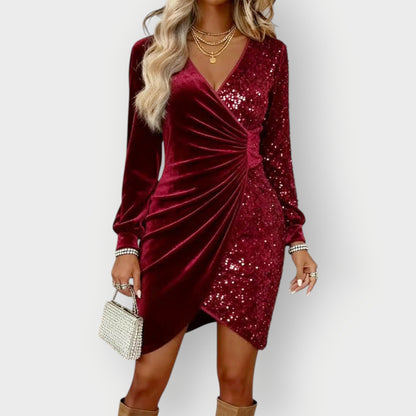 Vestido Envoltura de Terciopelo con Lentejuelas Elegante para Mujeres con Escote en V y Manga Larga Cuerpo Ceñido Estilo Cóctel