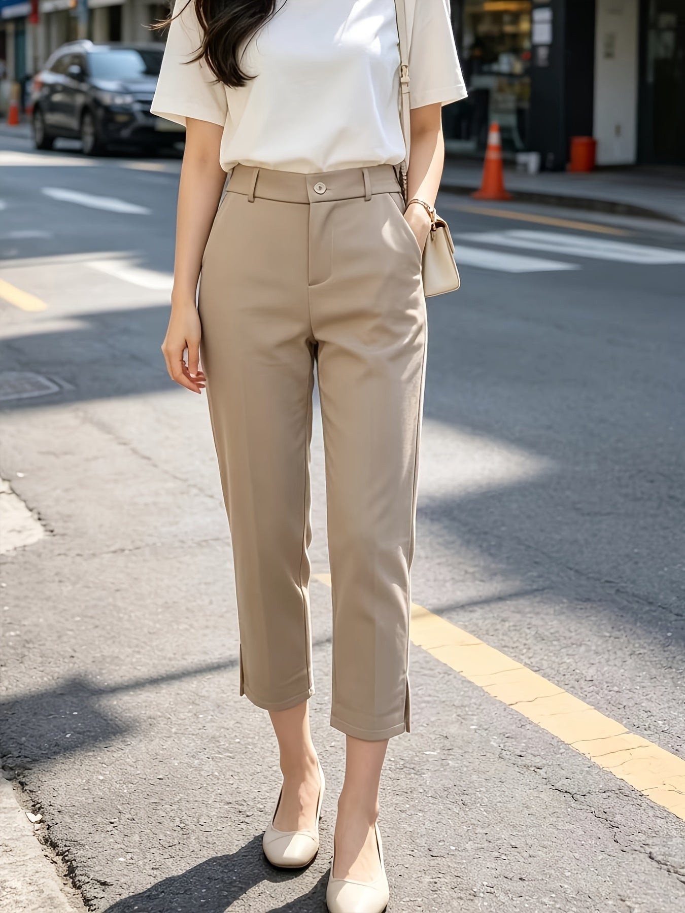 Pantalones Elegantes a Medida para Mujeres con Cintura Alta, Botón Frontal y Abertura Lateral en el Tobillo