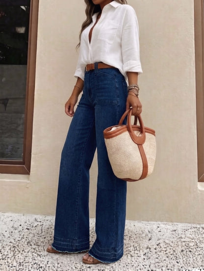 Jeans de Pierna Ancha de Color Azul Oscuro para Mujeres con Estilo de Cintura Alta y Cinturón