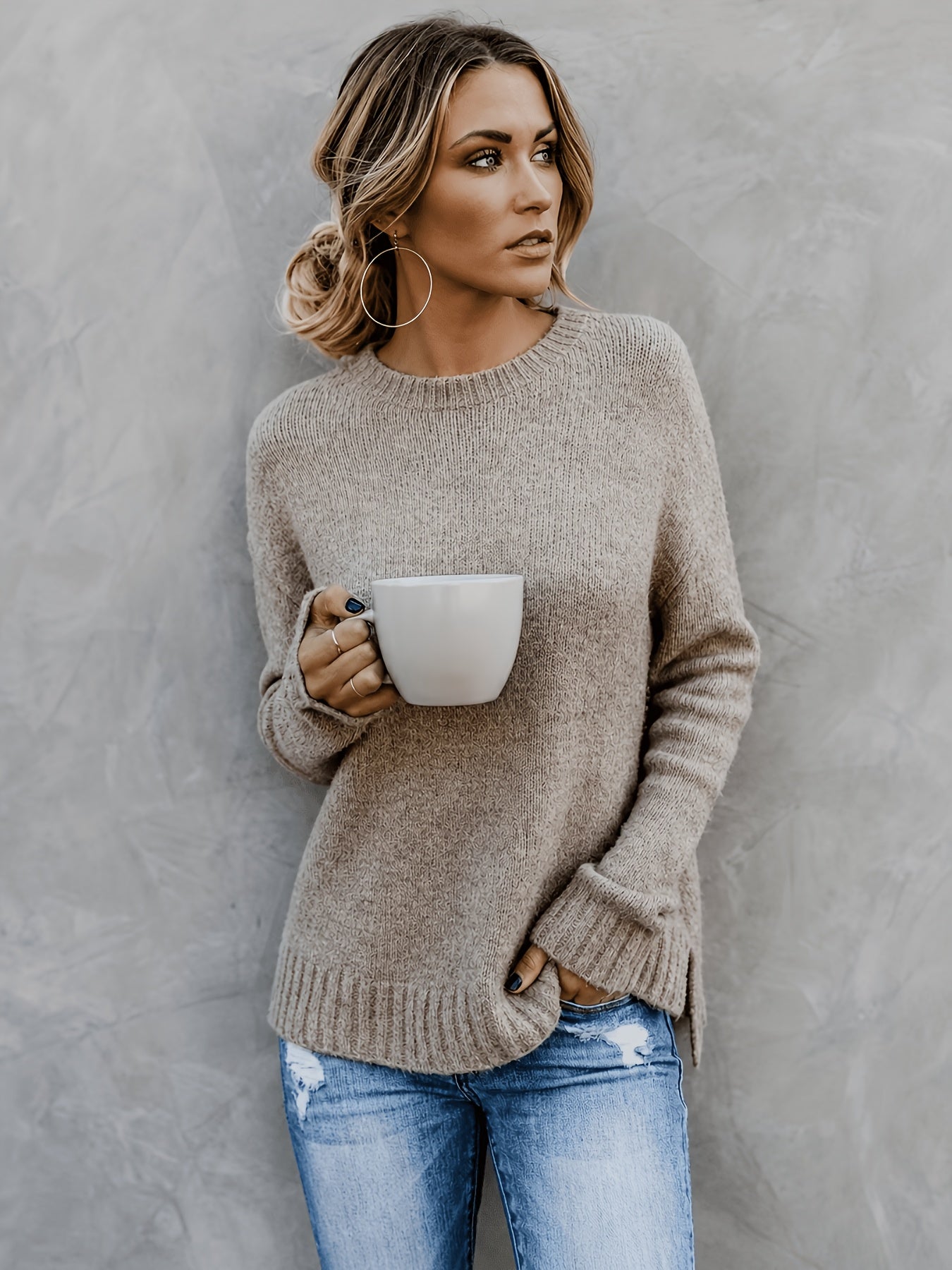 Suéter de Punto Melange Cómodo para Mujeres con Cuello Redondo, Mangas Largas y Puños de Campana, Estilo Oversized y Relajado