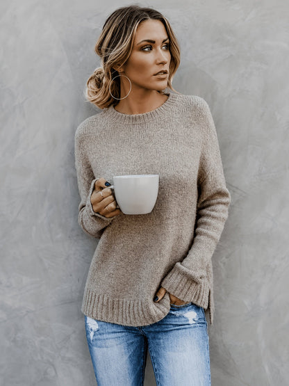 Suéter de Punto Melange Cómodo para Mujeres con Cuello Redondo, Mangas Largas y Puños de Campana, Estilo Oversized y Relajado