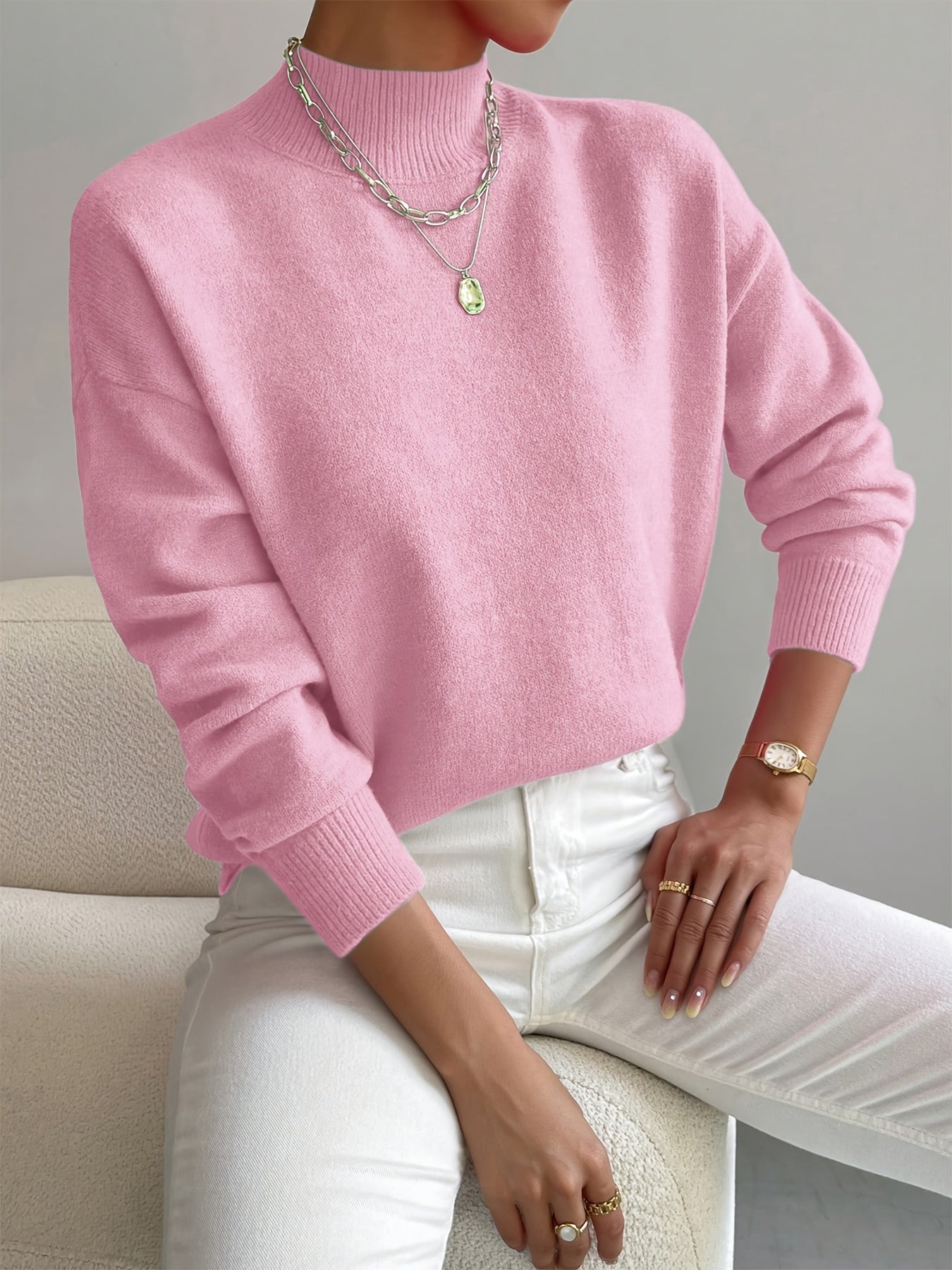 Suéter de punto cómodo para mujeres con cuello alto, mangas largas y estilo relajado y oversized