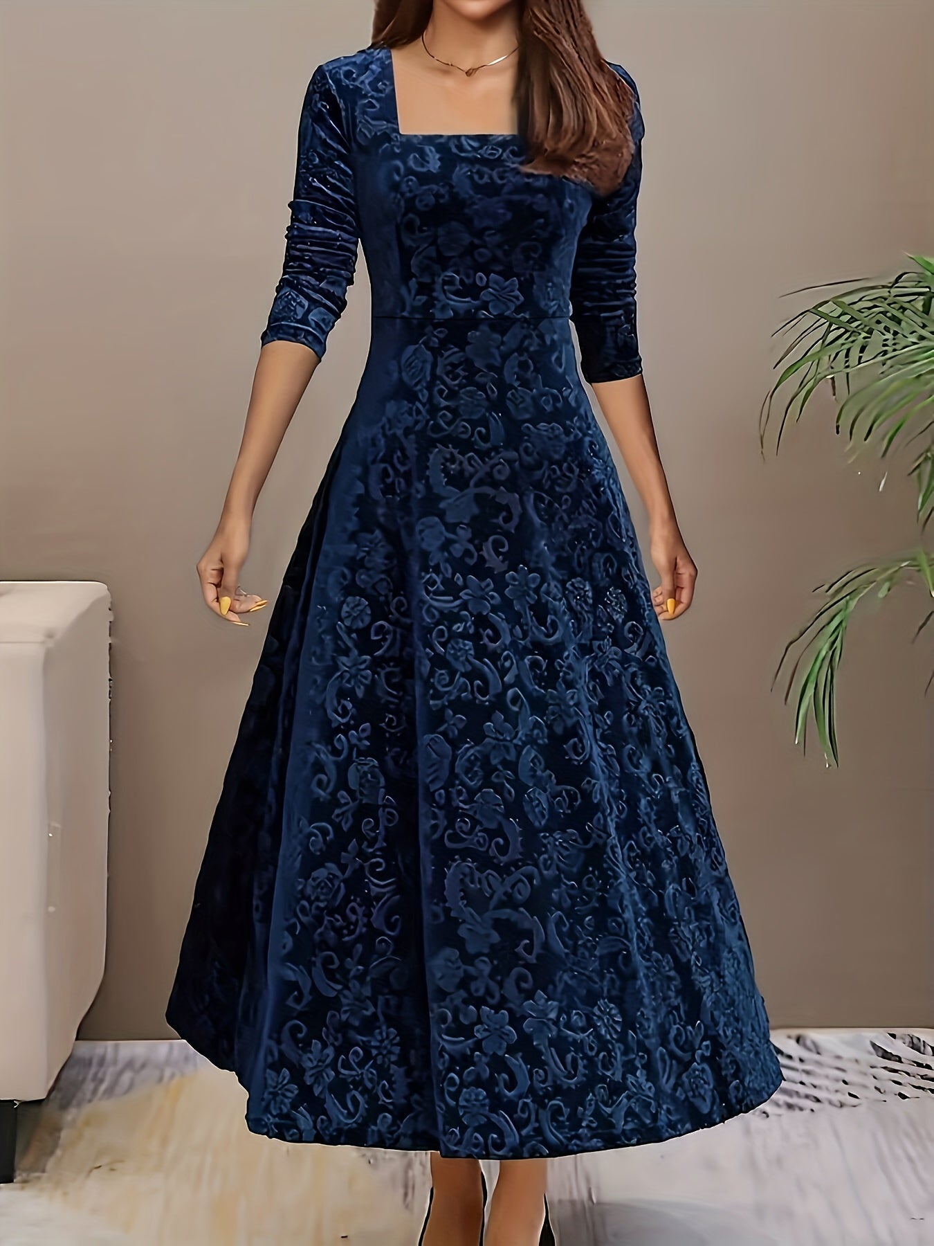Vestido Maxi Floral de Terciopelo Elegante para Mujeres con Cuello Cuadrado y Manga de Codo Estilo A Fluyente