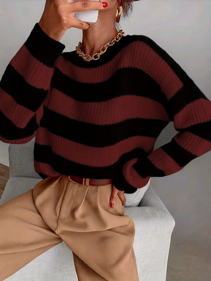 Suéter a Rayas Cómodo para Mujeres con Cuello Redondo, Manga Larga, Estilo Relajado y Oversized