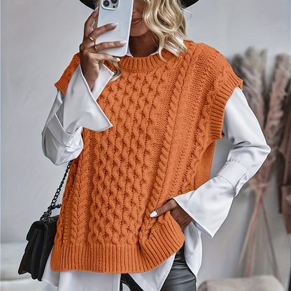 Chaleco de Punto Trenzado Cómodo para Mujeres con Cuello Redondo Sin Mangas Estilo Oversized