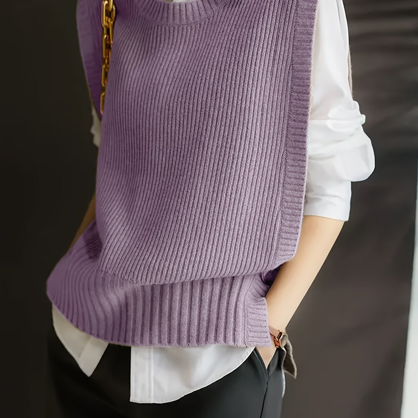 Chaleco de Suéter Acanalado Cómodo para Mujeres con Cuello Redondo Sin Mangas Estilo Oversized