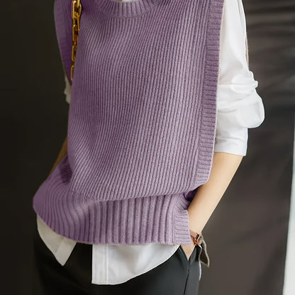 Chaleco de Suéter Acanalado Cómodo para Mujeres con Cuello Redondo Sin Mangas Estilo Oversized