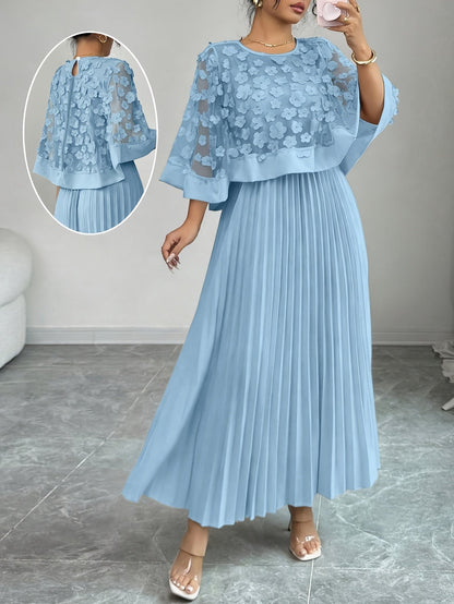 Elegante Vestido Largo Plisado Floral para Mujeres con Cuello Redondo y Manga Capa con Apliques, Estilo Formal para Invitadas de Boda