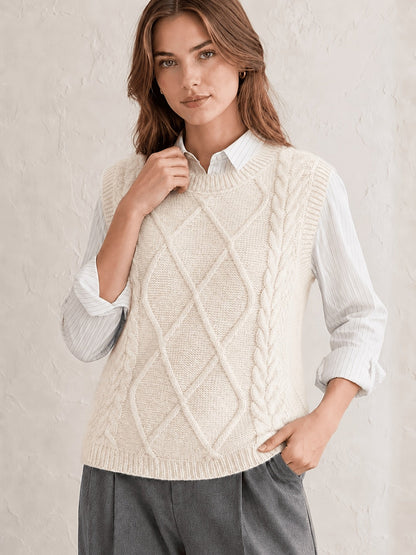 Chaleco de Punto de Cable Cómodo para Mujeres con Cuello Redondo Sin Mangas Estilo Preppy Relajado