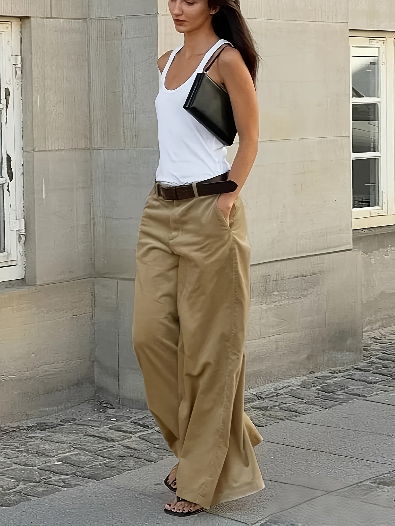 Pantalones Anchos Sin Esfuerzo para Mujeres con Cintura Alta, Botón Frontal, Estilo Casual Relajado