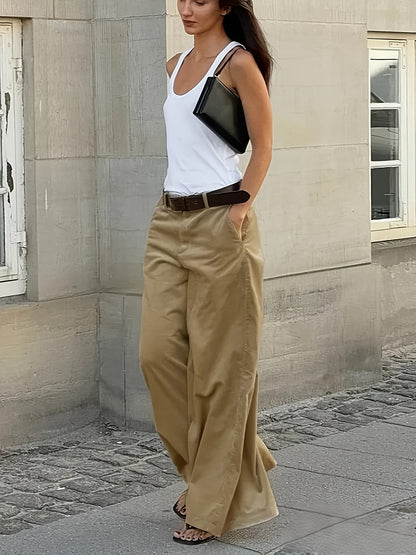 Pantalones Anchos Sin Esfuerzo para Mujeres con Cintura Alta, Botón Frontal, Estilo Casual Relajado