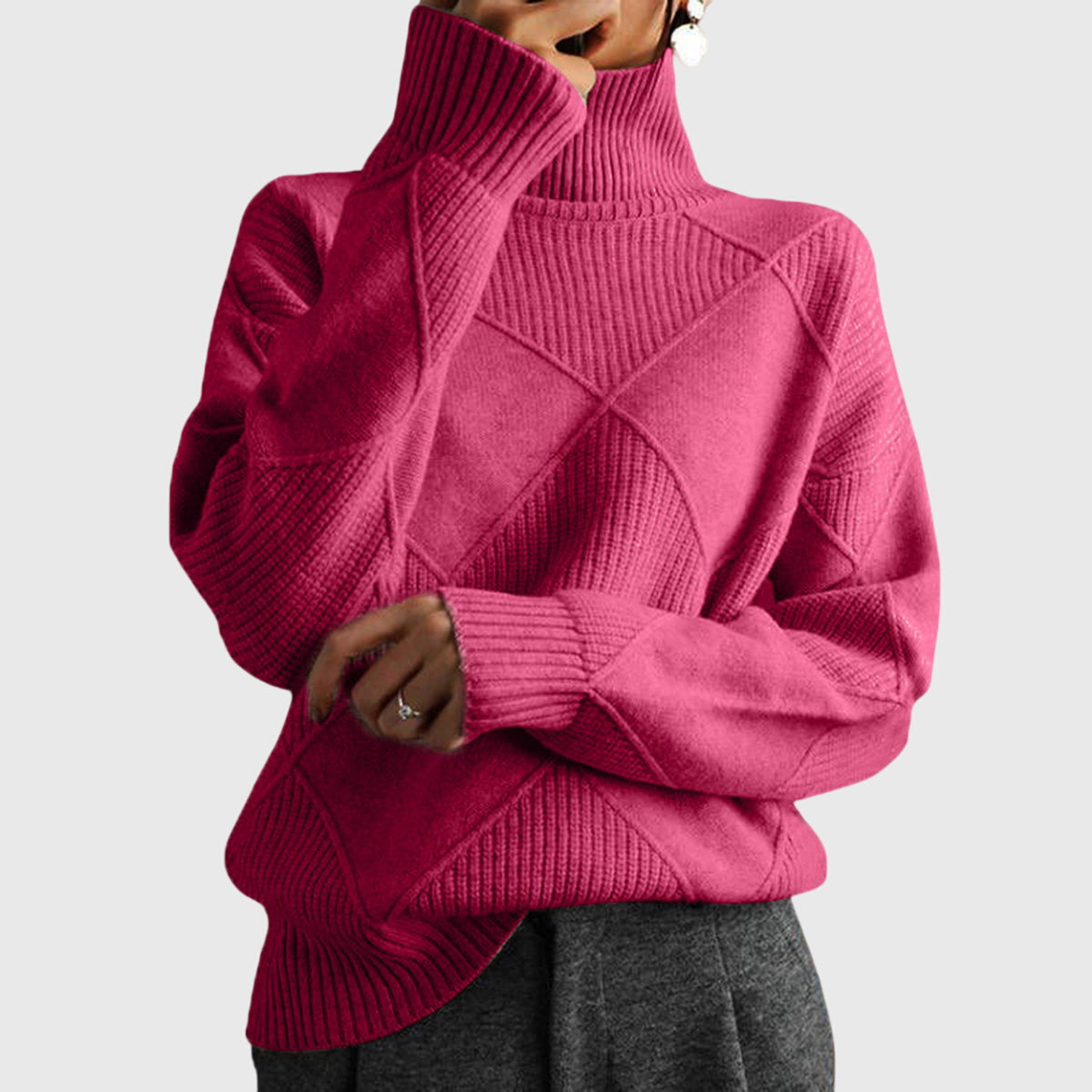 Suéter de Punto Argyle Cómodo para Mujeres con Cuello Alto, Manga Larga y Estilo Oversized Relajado