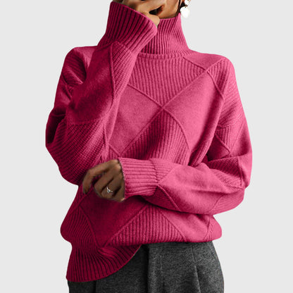 Suéter de Punto Argyle Cómodo para Mujeres con Cuello Alto, Manga Larga y Estilo Oversized Relajado