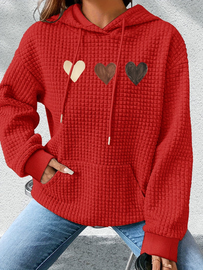 Sudadera de punto waffle con estampado de corazones cómoda para mujeres, con capucha, mangas largas y bolsillo canguro, estilo oversized