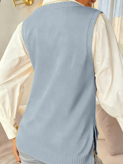 Chaleco de Punto Acanalado Cómodo para Mujeres con Cuello en V, Sin Mangas y Estilo Relajado y Oversized