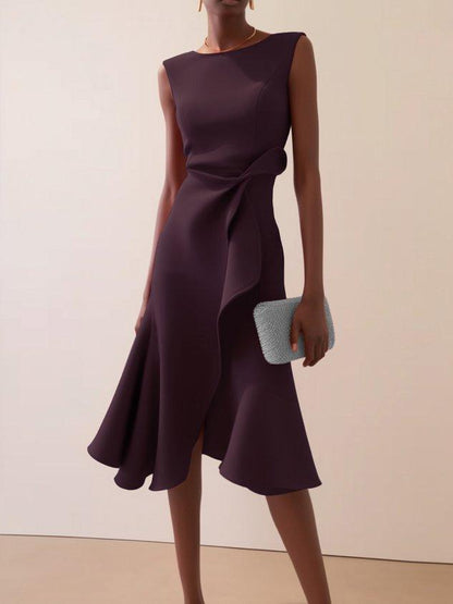 Vestido Midi Elegante con Drapé para Mujeres con Escote Barco, Sin Mangas y Bajo con Volantes Asimétricos Estilo Cóctel