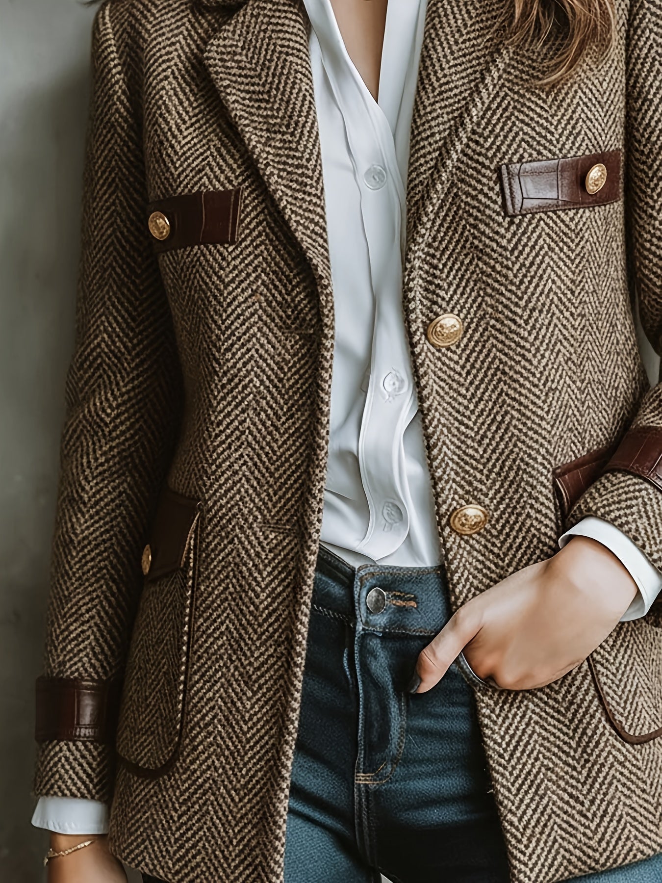 Blazer Elegante de Tweed Herringbone en Caqui para Mujeres con Cuello de Solapa y Mangas Largas con Detalles de Cuero y Botones Dorados