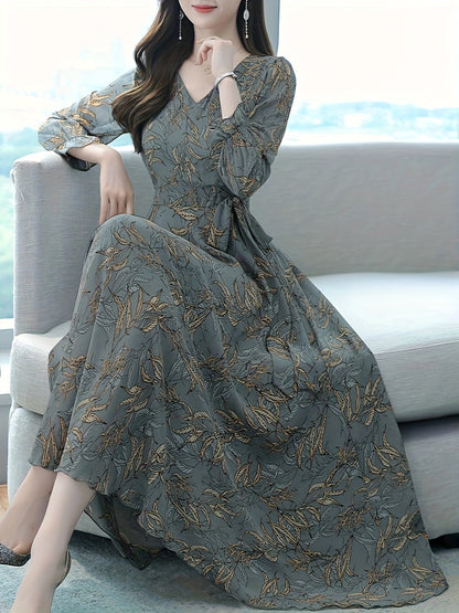 Vestido Maxi Elegante de Impresión de Hojas Verde Salvia para Mujeres con Escote en V, Manga Larga y Cintura con Lazo en Estilo Fluido