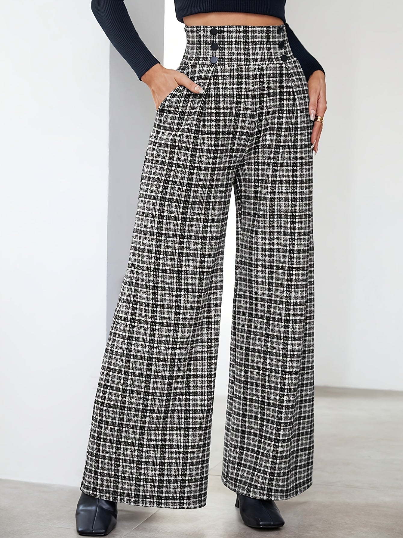 Pantalones Anchos de Tweed a Cuadros Elegantes para Mujeres con Cintura Alta y Frente de Botones con Pliegues Estilo Relajado