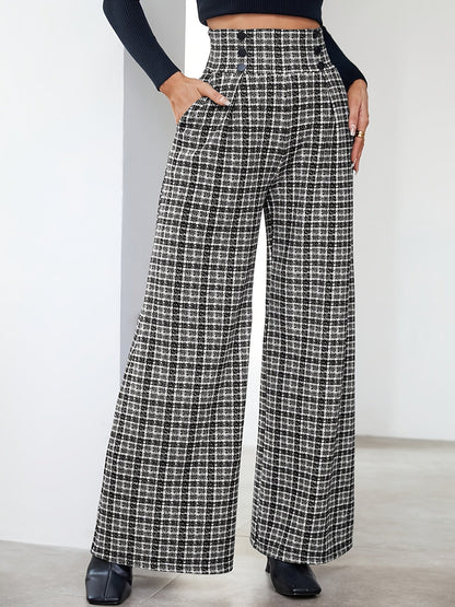 Pantalones Anchos de Tweed a Cuadros Elegantes para Mujeres con Cintura Alta y Frente de Botones con Pliegues Estilo Relajado