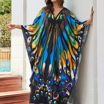 Elegante Kaftán Maxi de Impresión de Pavo Real Multicolor para Mujeres con Escote en V y Manga Murciélago Fluyente