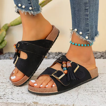 Sandalias de Deslizamiento Cómodas para Mujeres con Detalle de Borlas, Correa con Hebilla, Plantilla Contorneada y Estilo de Punta Abierta