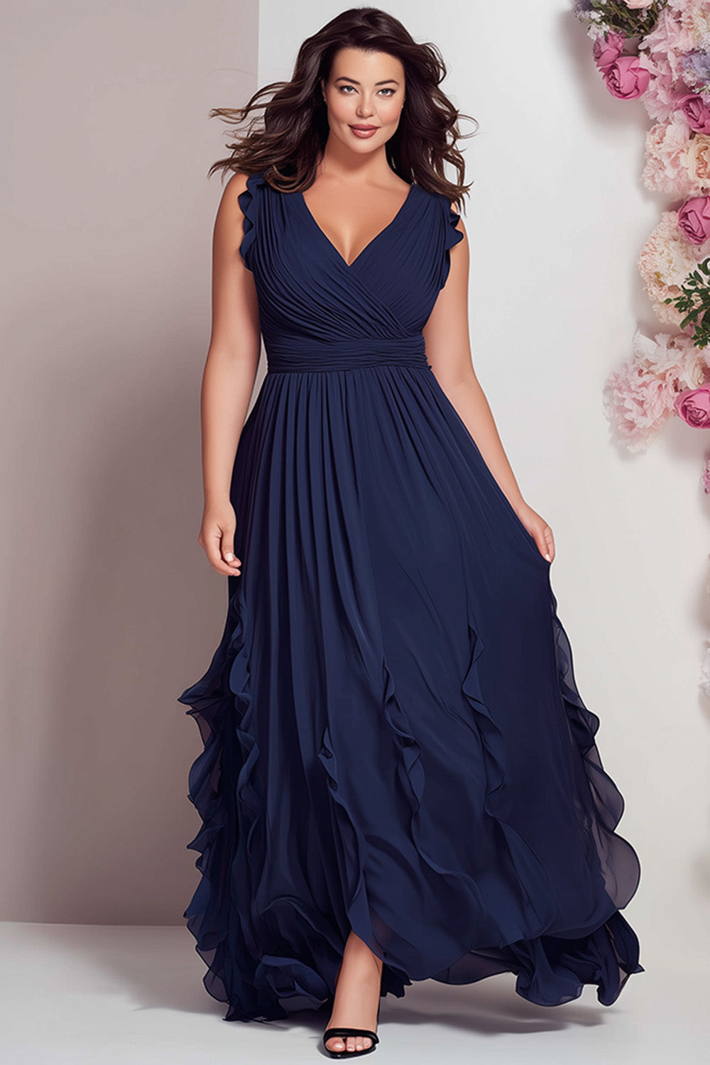 Elegante Vestido Maxi Azul Marino para Mujeres con Escote en V, Tirantes con Volantes y Cintura Fruncida para Invitadas de Boda