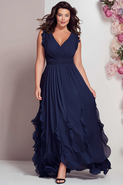 Elegante Vestido Maxi Azul Marino para Mujeres con Escote en V, Tirantes con Volantes y Cintura Fruncida para Invitadas de Boda